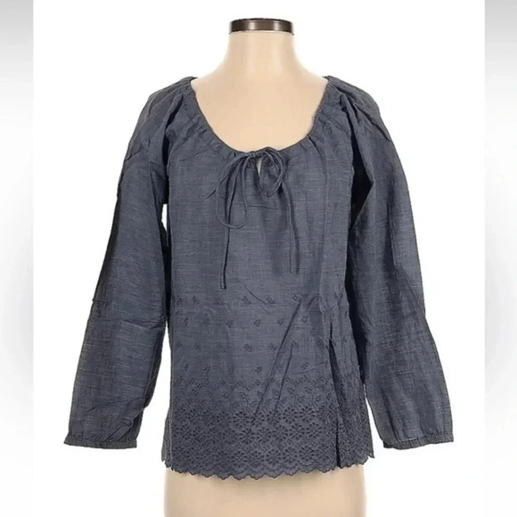 J. Crew | Smoke Blue Eyelet Cotton Bohemian Chambray Blouse Size 2 XS - Picture 2 of 3